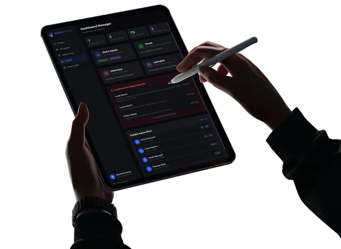 Exemple d’écran de tableau de bord d’un logiciel interne sur tablette : statut des équipes, alertes et équipe du jour